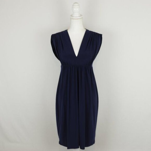 Norma Kamali Women's Small Navy V-Neck Ruched Empire Waist Knit Mini Dress - Picture 1 of 7